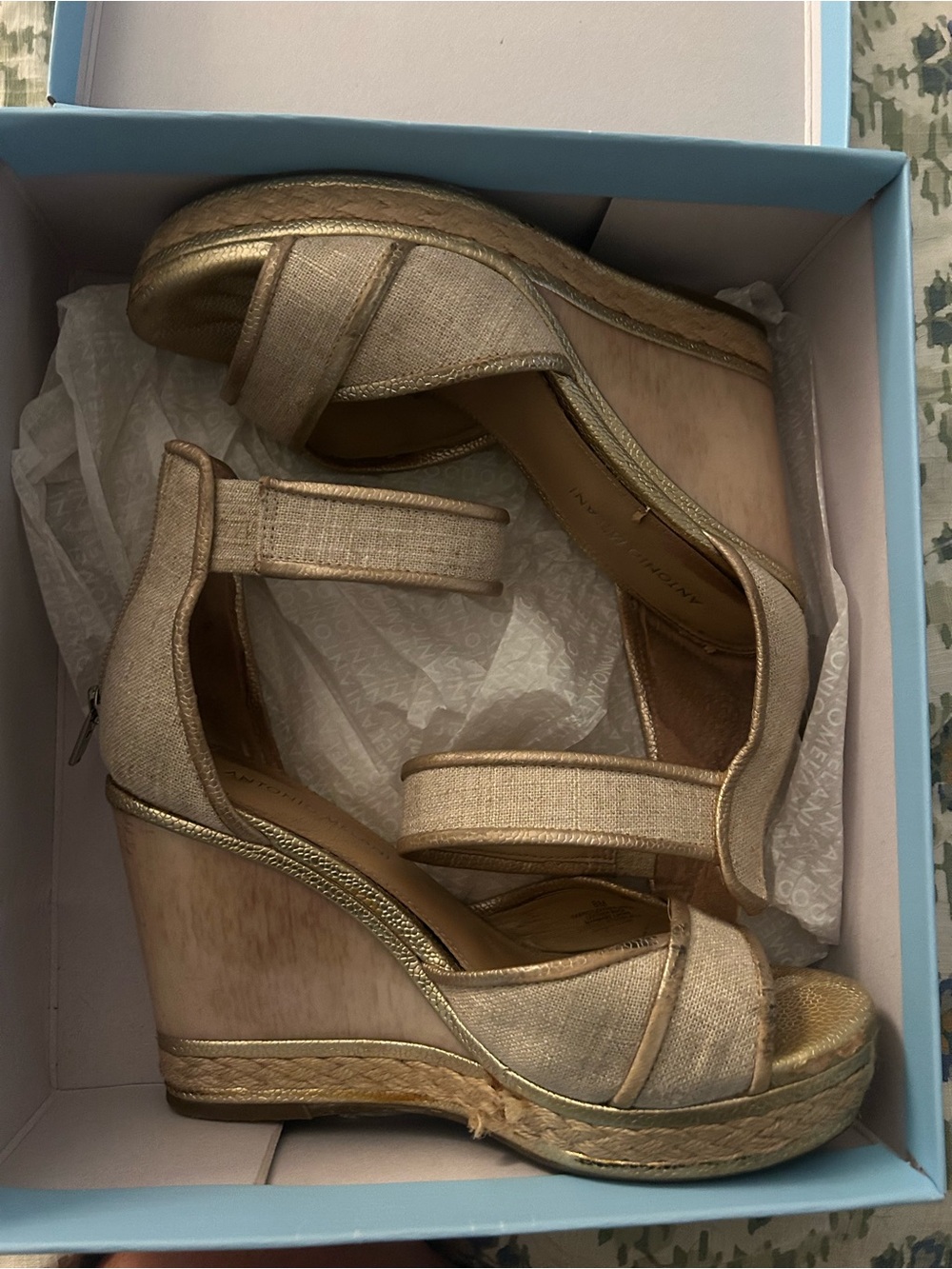 ANTONIO MELANI ALANA Gold Linen Wedge Sandals - Ankle Strap